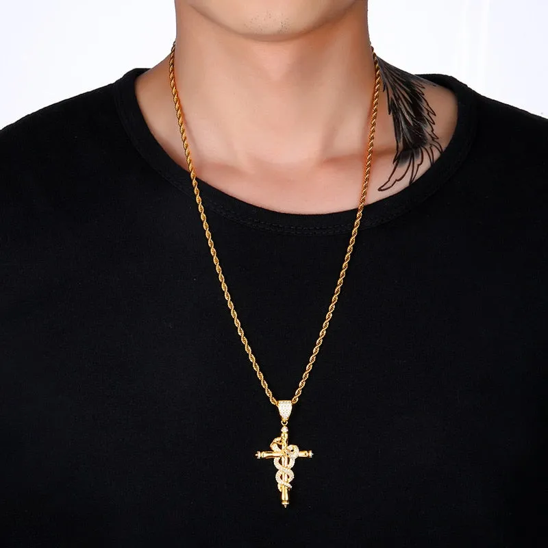 Micro-Paved Cubic-Zirconia-Studded Cross with Snake Hip-hop Pendant Necklace