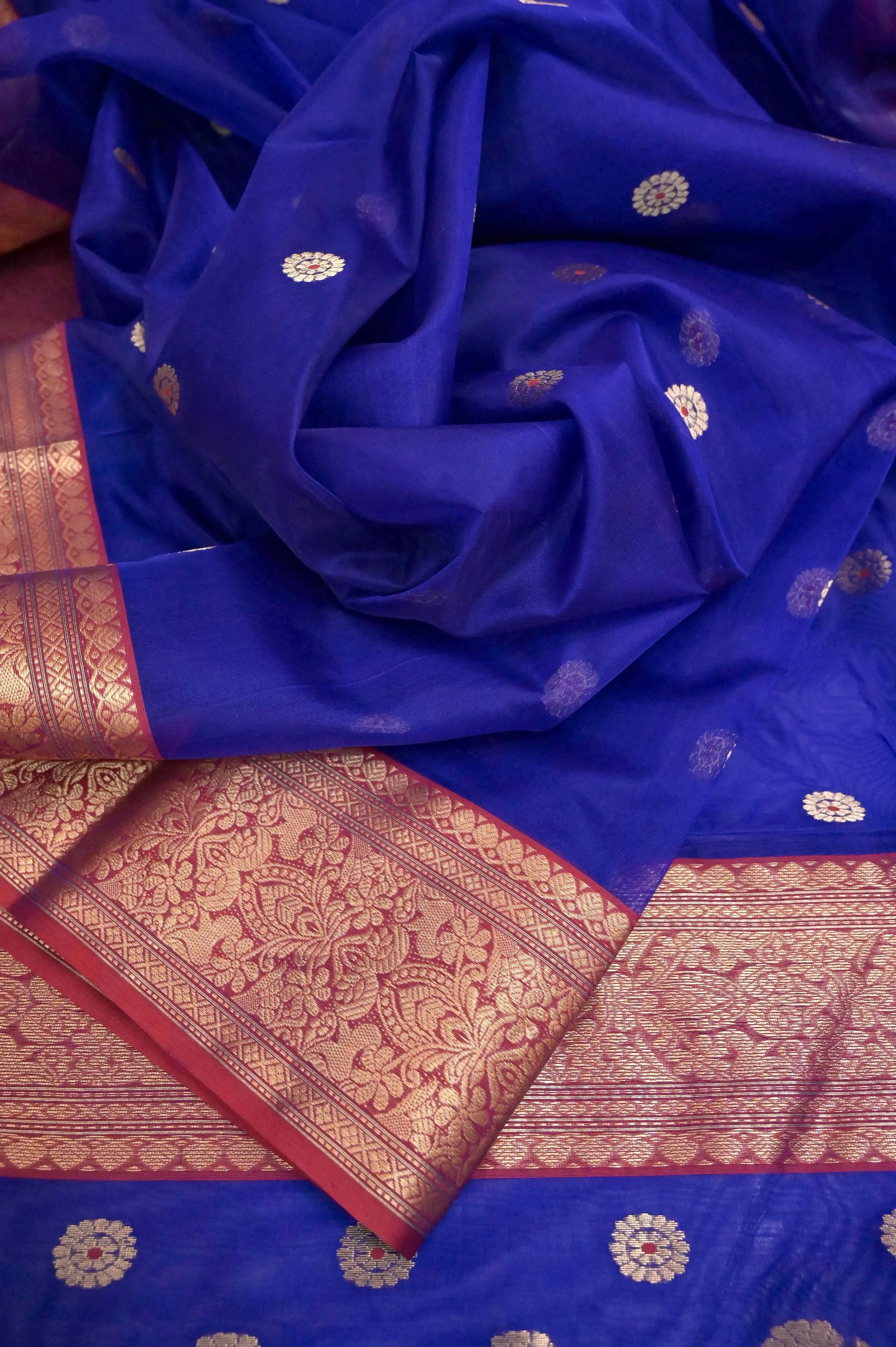 Midnight Blue Color Chanderi Banarasi Saree with Meenakari Buti