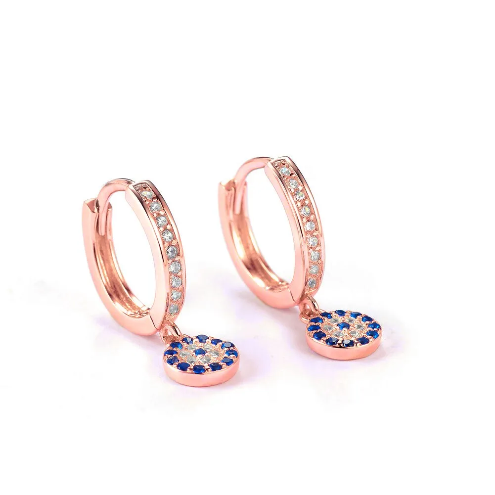 Mini Lucky Evil Eye 925 Sterling Silver Hoop Drop Earrings