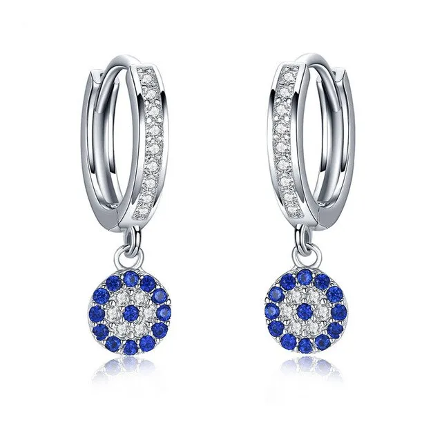 Mini Lucky Evil Eye 925 Sterling Silver Hoop Drop Earrings