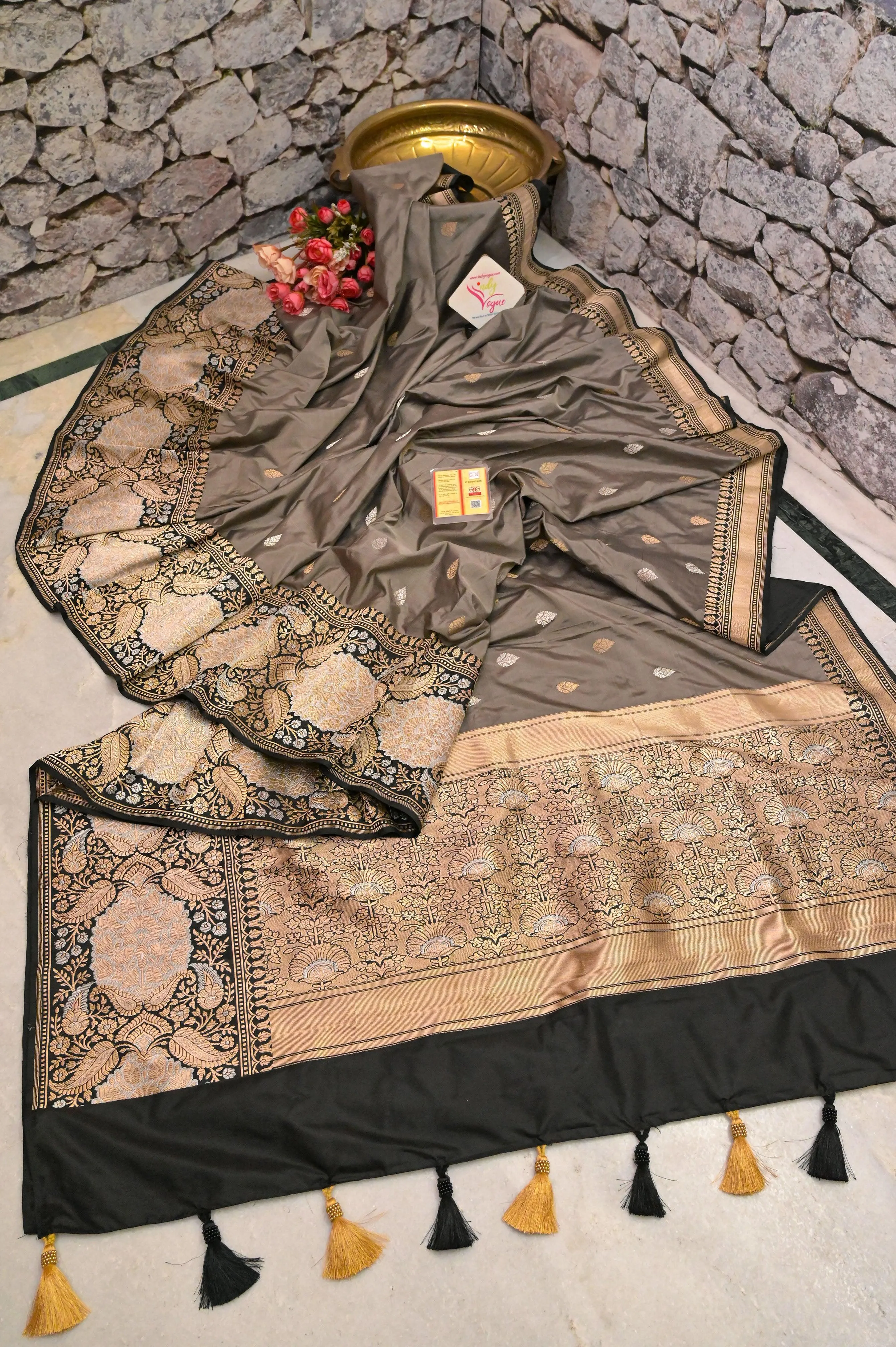 Mud Grey Color Pure Katan Banarasi Saree with Golden and Silver Buti