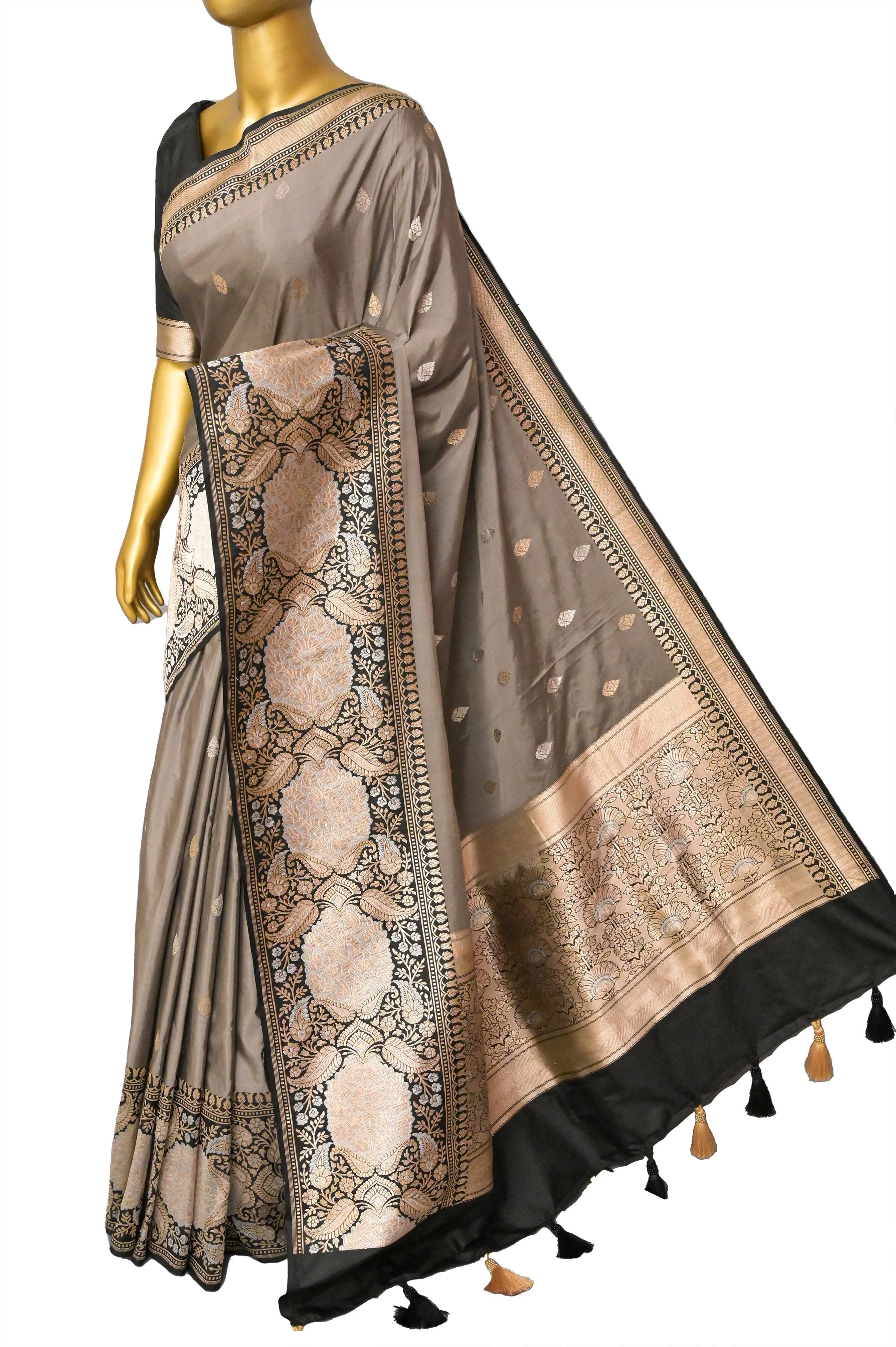 Mud Grey Color Pure Katan Banarasi Saree with Golden and Silver Buti