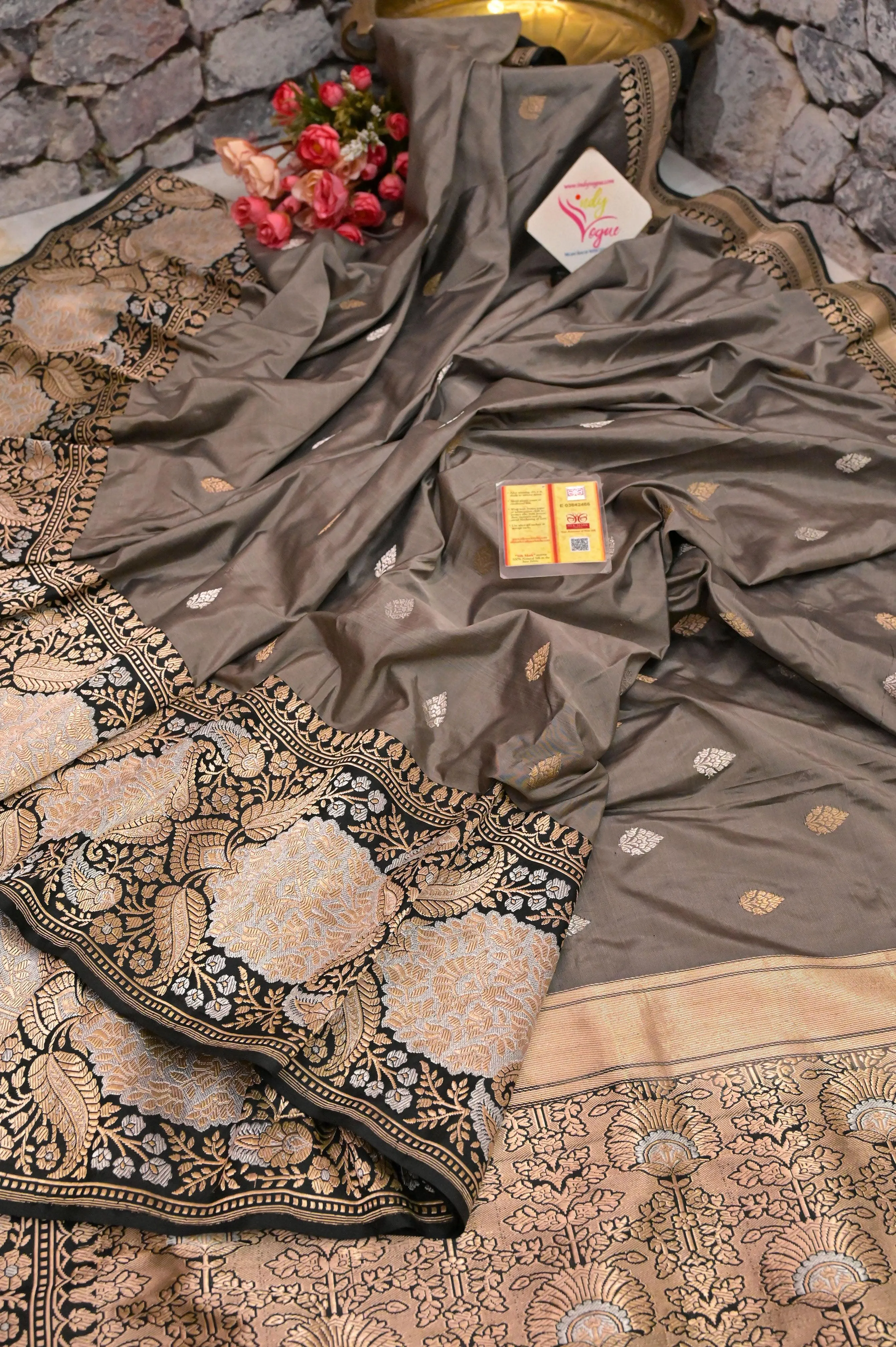 Mud Grey Color Pure Katan Banarasi Saree with Golden and Silver Buti