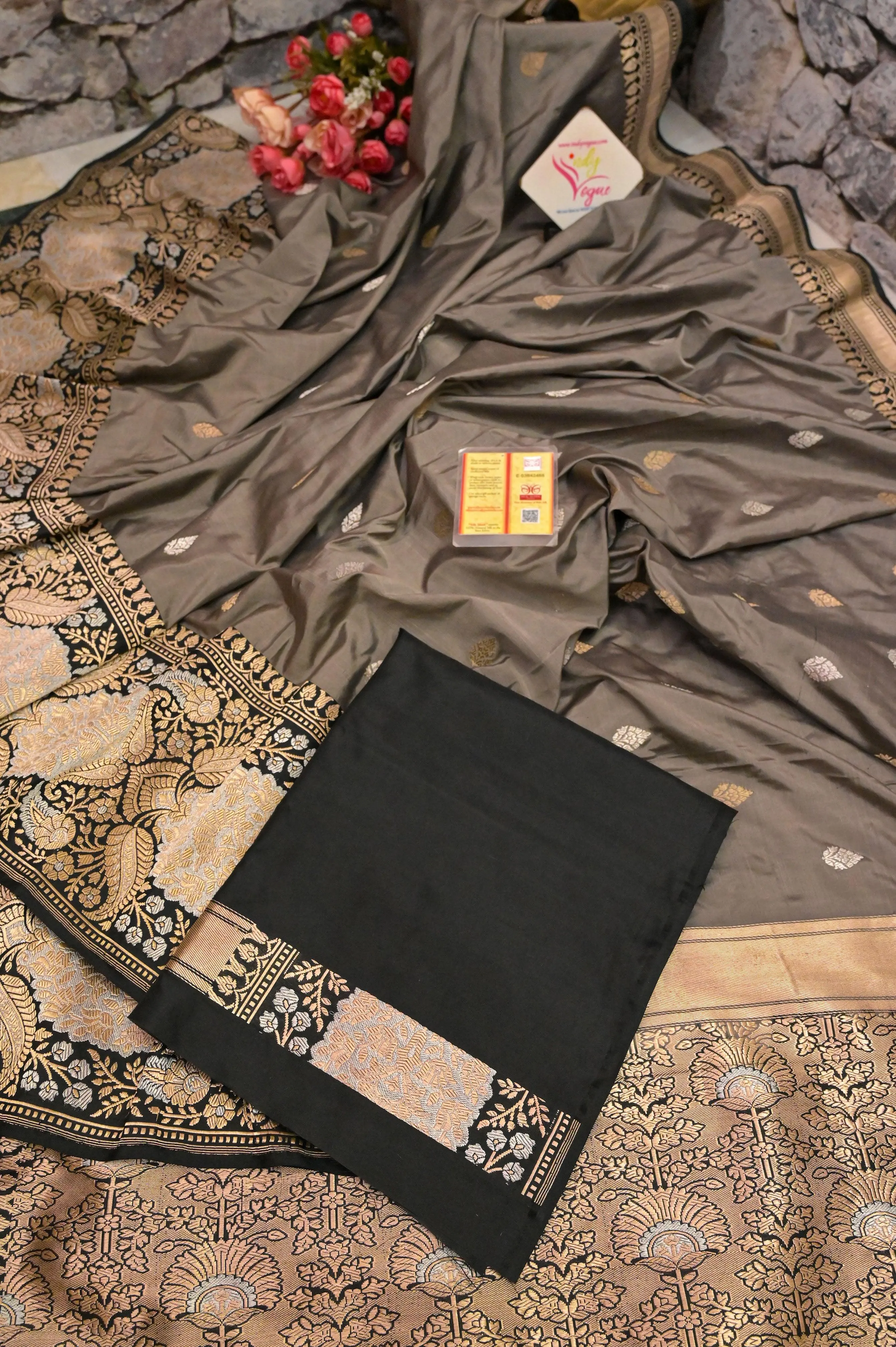 Mud Grey Color Pure Katan Banarasi Saree with Golden and Silver Buti