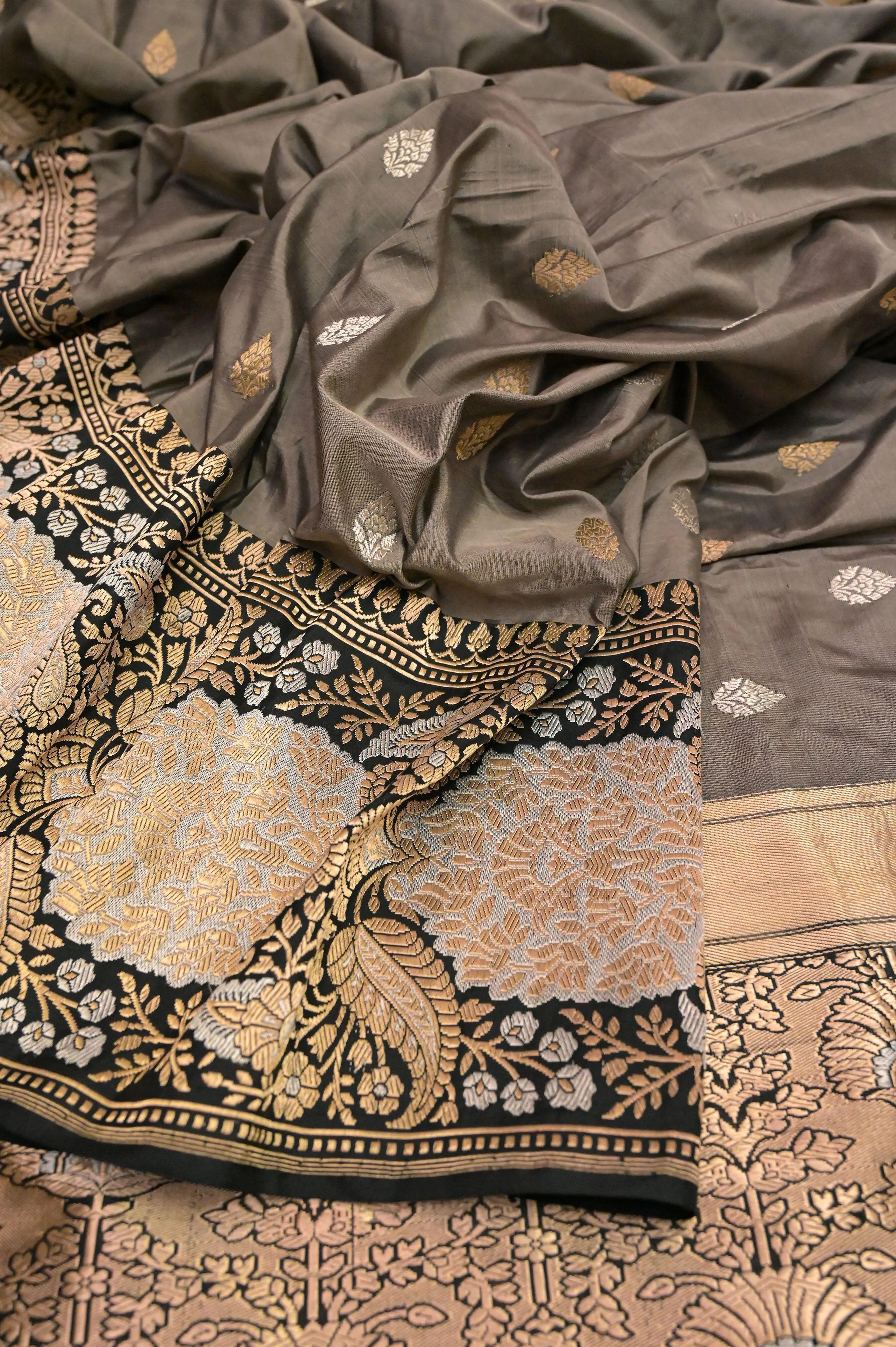 Mud Grey Color Pure Katan Banarasi Saree with Golden and Silver Buti