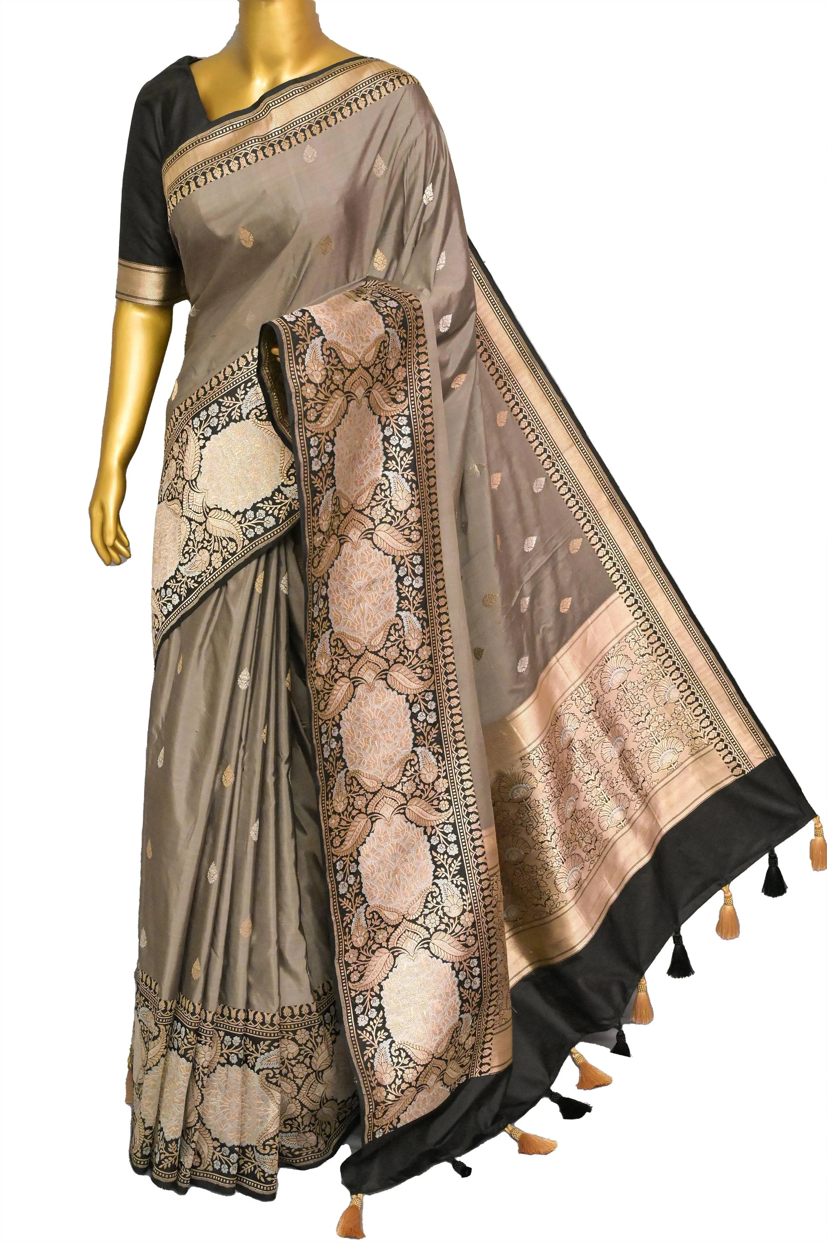 Mud Grey Color Pure Katan Banarasi Saree with Golden and Silver Buti