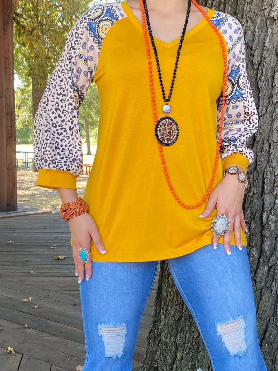 Mustard Top with Paisley and Leopard Sleeves