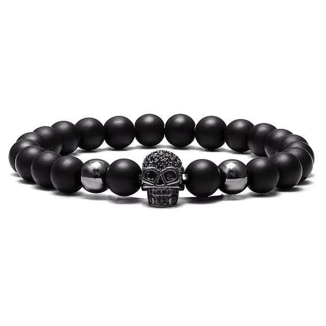 Natural Stone Black Beads Cubic Zirconia Skull Bracelet