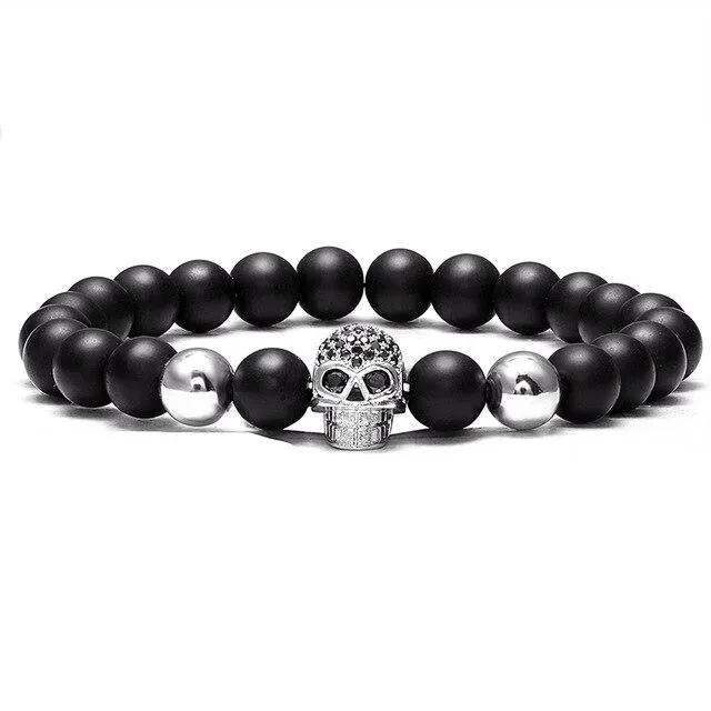 Natural Stone Black Beads Cubic Zirconia Skull Bracelet