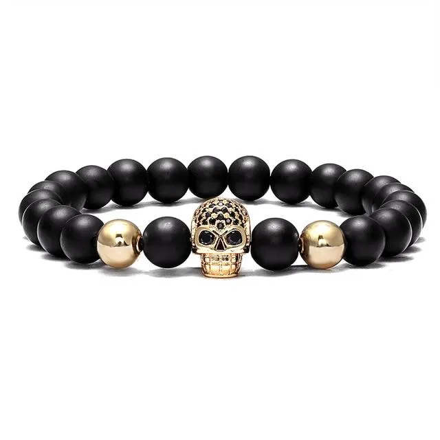 Natural Stone Black Beads Cubic Zirconia Skull Bracelet