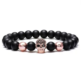 Natural Stone Black Beads Cubic Zirconia Skull Bracelet