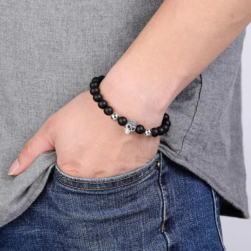 Natural Stone Black Beads Cubic Zirconia Skull Bracelet