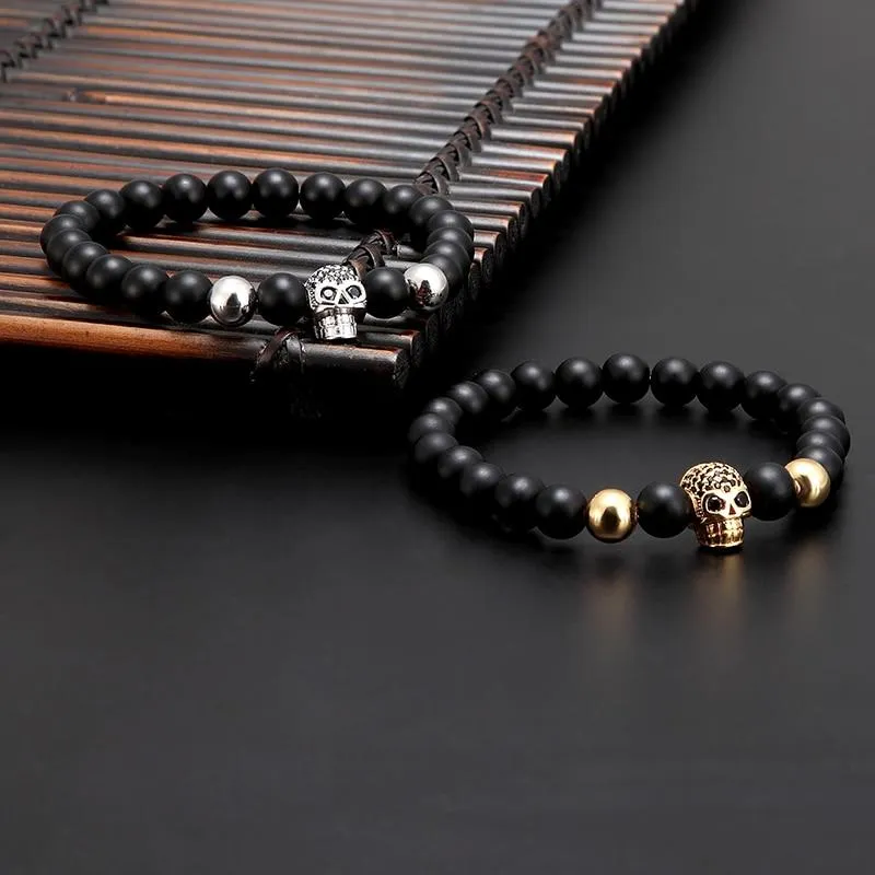 Natural Stone Black Beads Cubic Zirconia Skull Bracelet