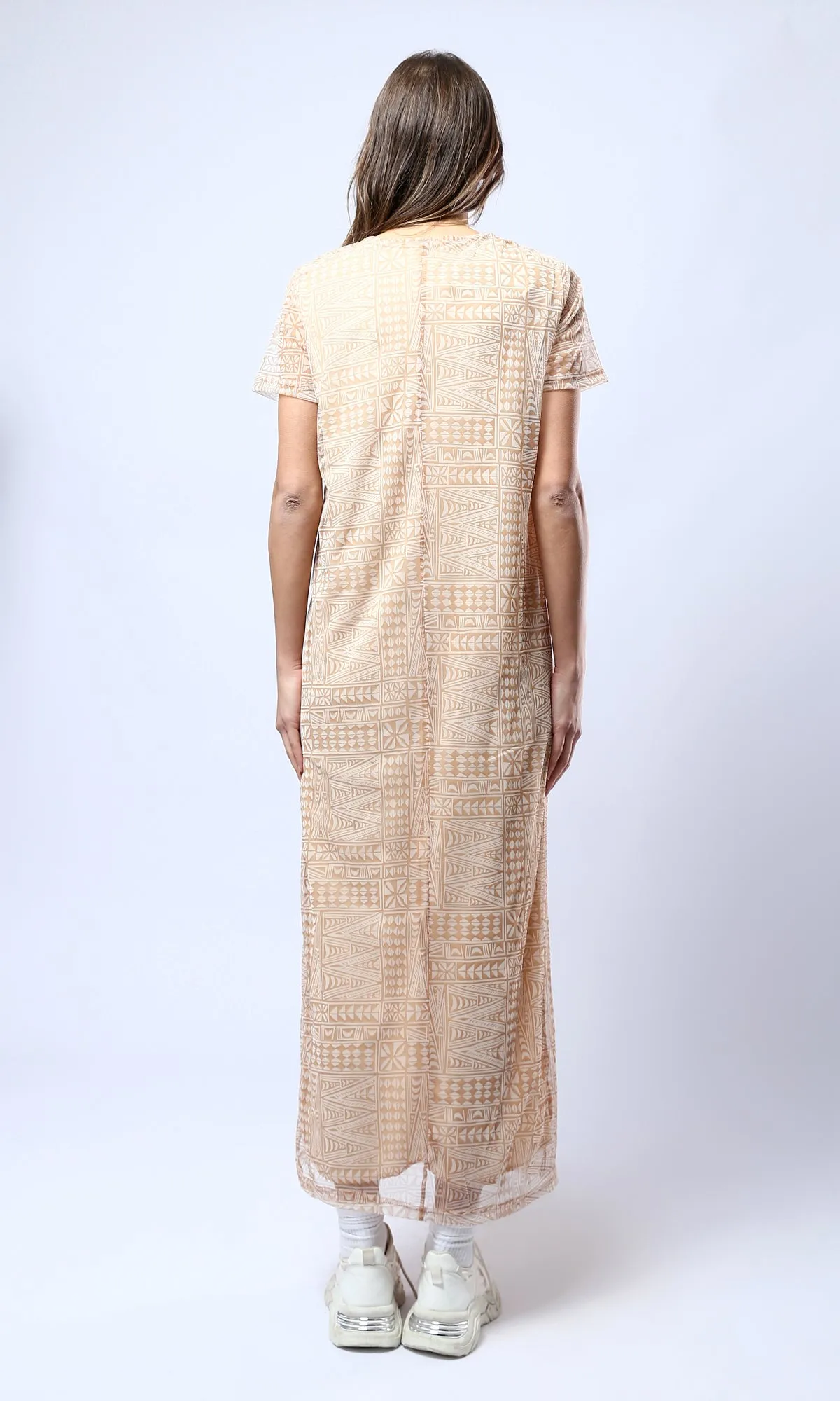 O178301 Wide Round Neck Patterned Camel & White Midi Dress