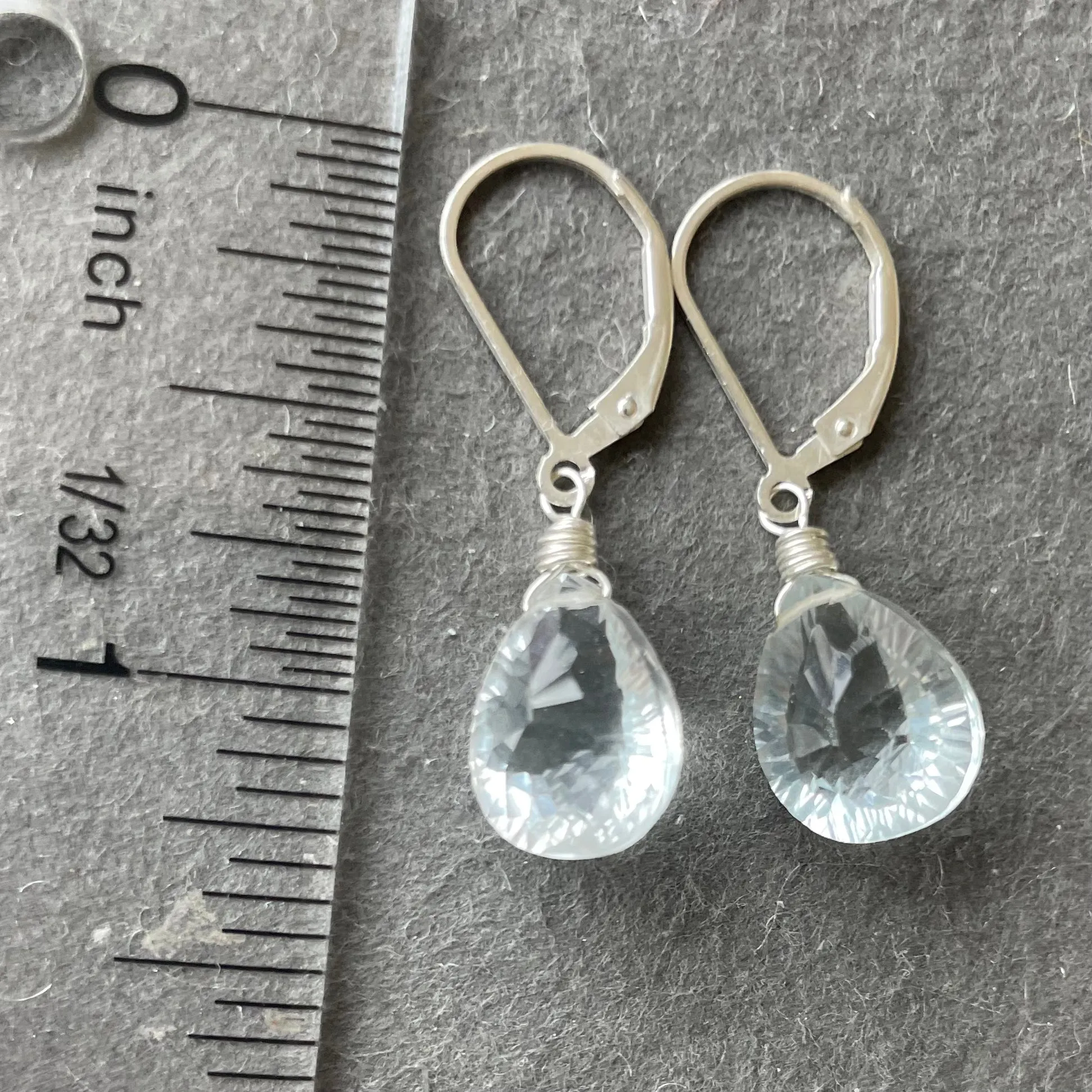 Pale Blue Ice Laser Cut Quartz Pear Dangle Earrings