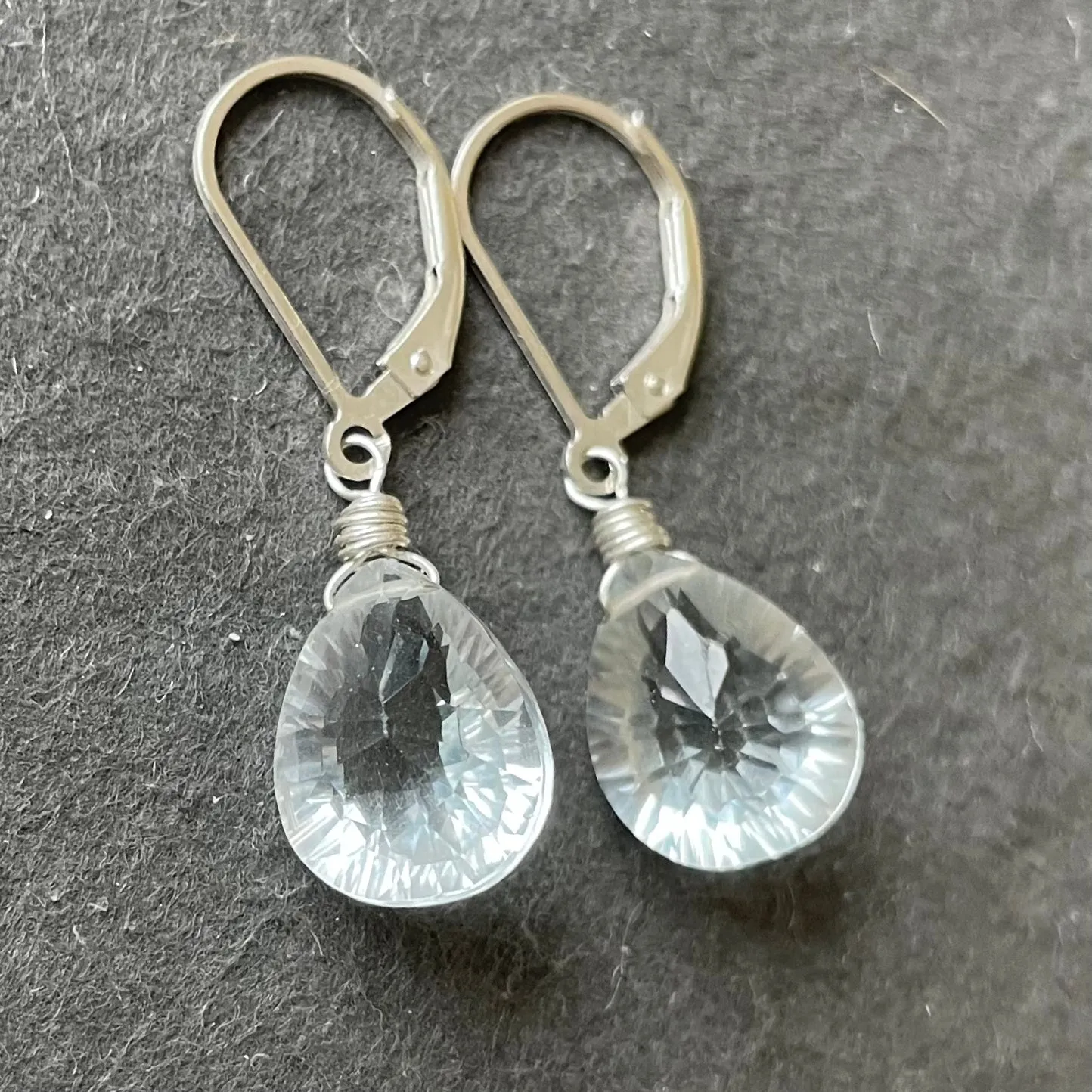 Pale Blue Ice Laser Cut Quartz Pear Dangle Earrings