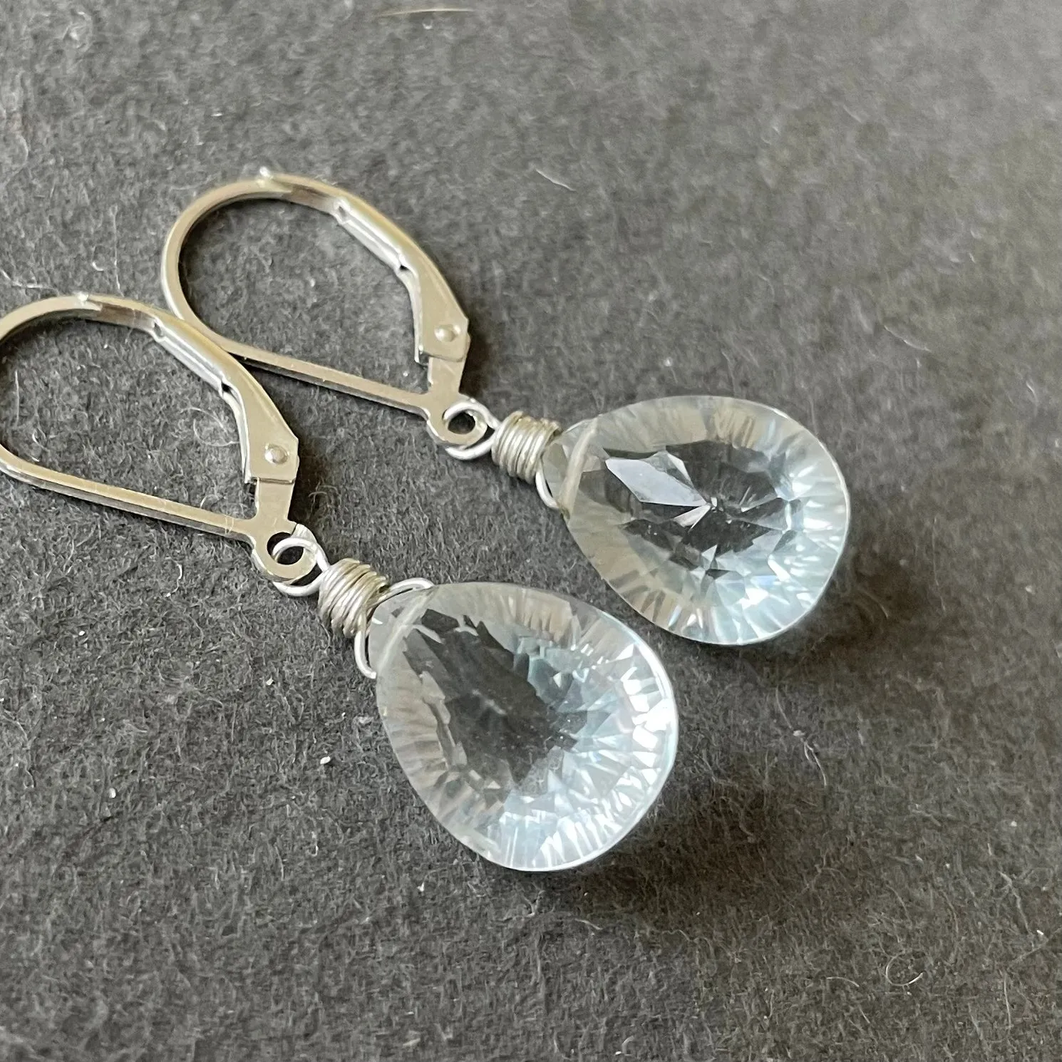 Pale Blue Ice Laser Cut Quartz Pear Dangle Earrings