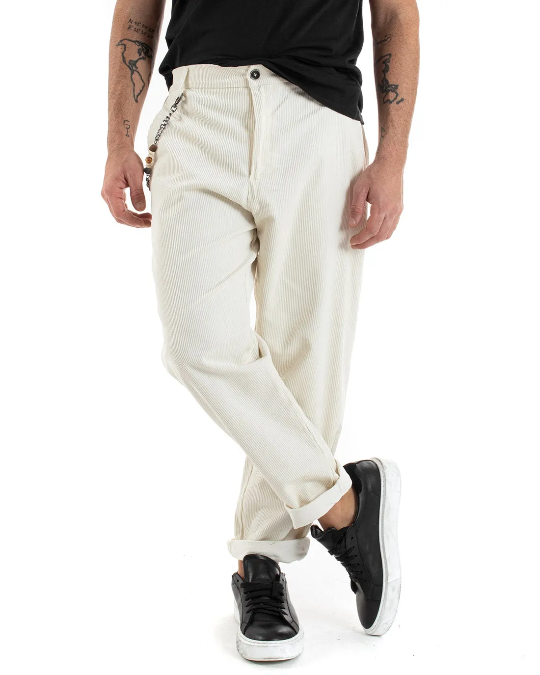 Pantaloni Uomo Tasca America Velluto Millerighe Costine Casual Panna GIOSAL-P5581A