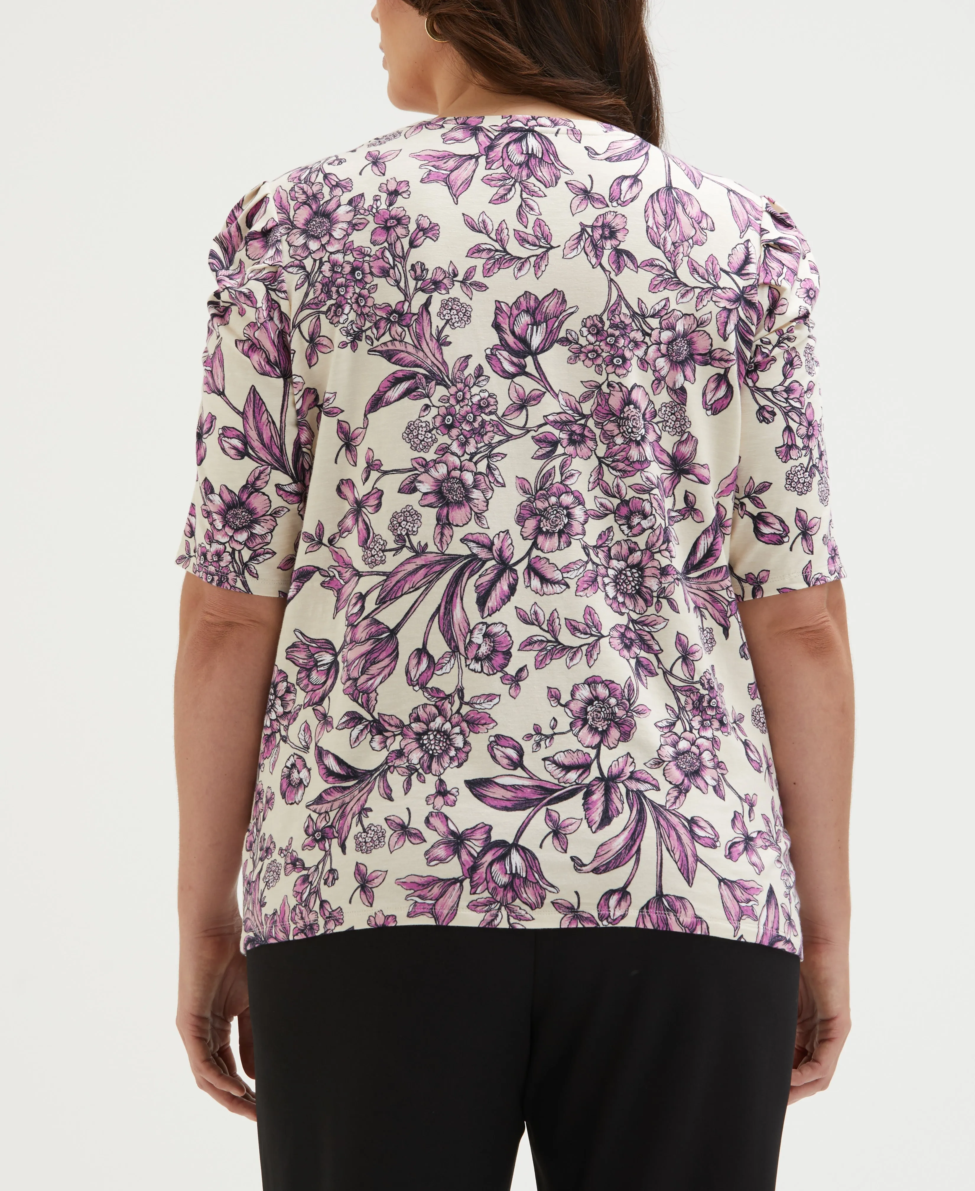 Plus Size Floral Print Puff Elbow Sleeve Top