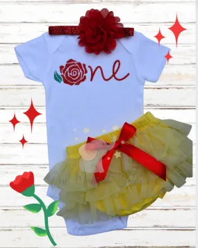 Princess Belle inspired One year baby girls outfit, Red Flower glitter bodysuit baby first birthday photoshoot one year old