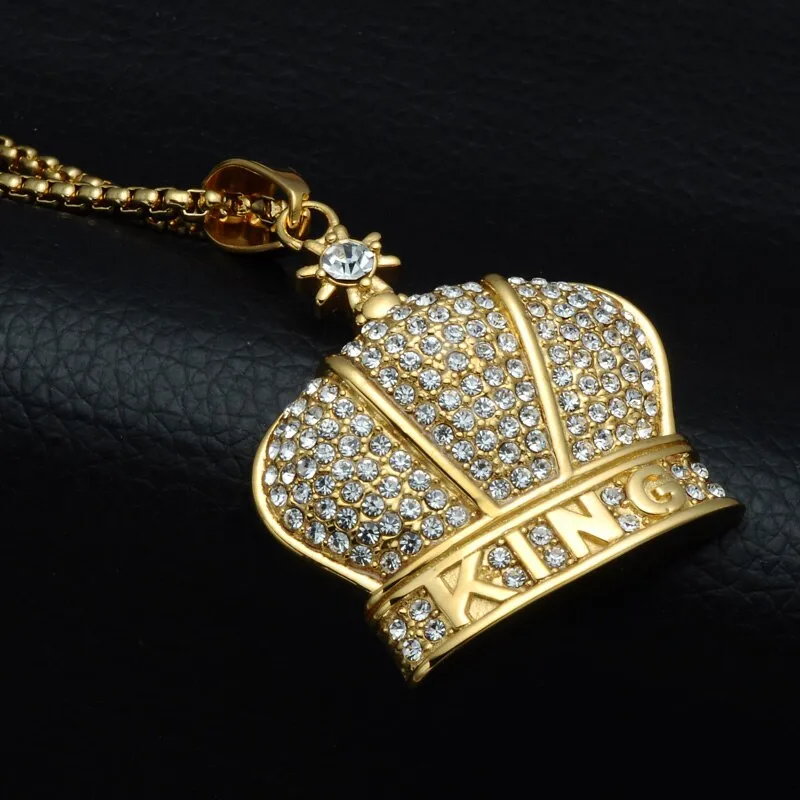 Rhinestone-Studded Gold-Plated King Crown Bling 316L Stainless Steel Hip-hop Pendant Necklace