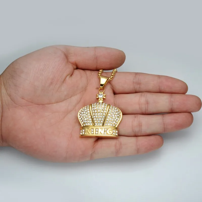 Rhinestone-Studded Gold-Plated King Crown Bling 316L Stainless Steel Hip-hop Pendant Necklace