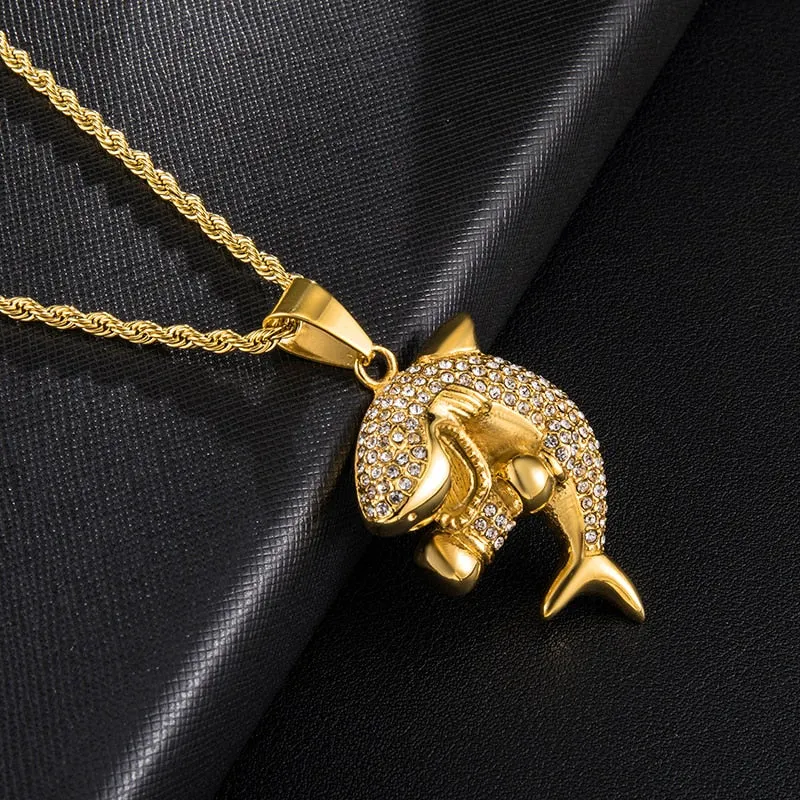 Rhinestone-Studded Gold-Plated Shark Bling Stainless Steel Hip-hop Pendant Necklace