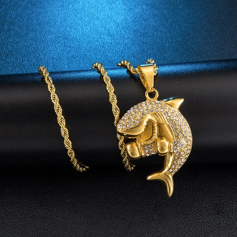 Rhinestone-Studded Gold-Plated Shark Bling Stainless Steel Hip-hop Pendant Necklace