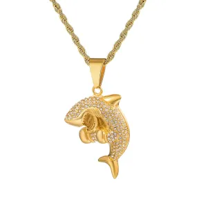 Rhinestone-Studded Gold-Plated Shark Bling Stainless Steel Hip-hop Pendant Necklace