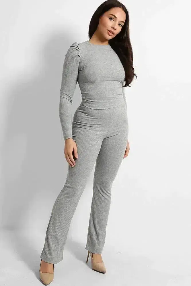 Ribbed Jersey Puff Sleeves Top And Trousers Set