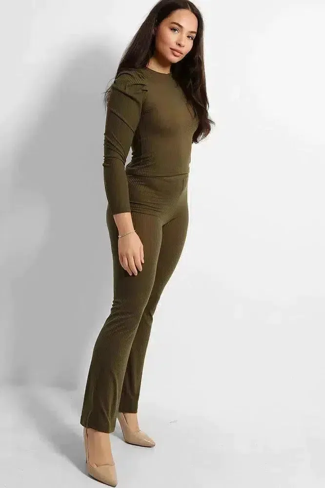 Ribbed Jersey Puff Sleeves Top And Trousers Set