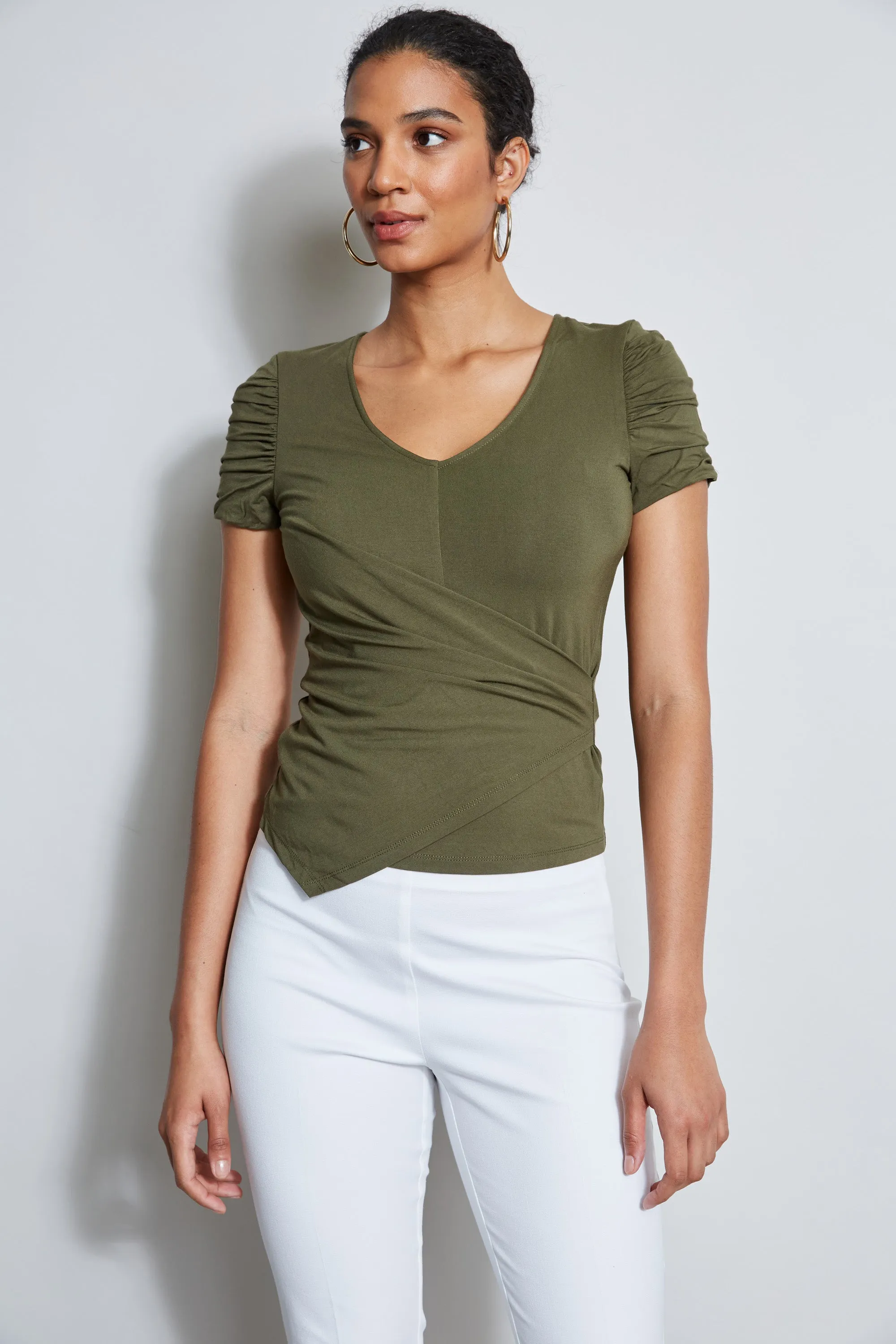 Ruched Sleeve V-Neck Knit