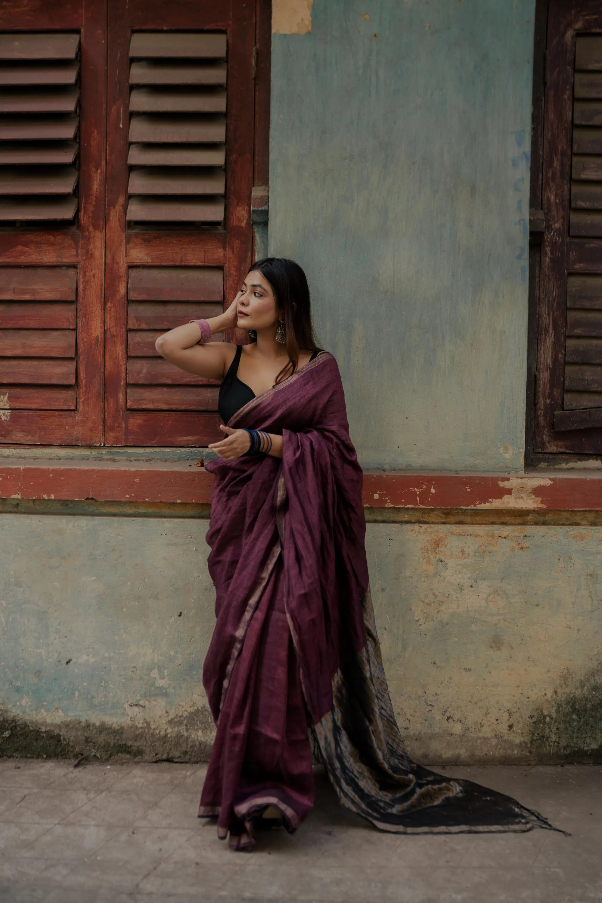 Sitara - Magenta Linen by cotton zari  saree