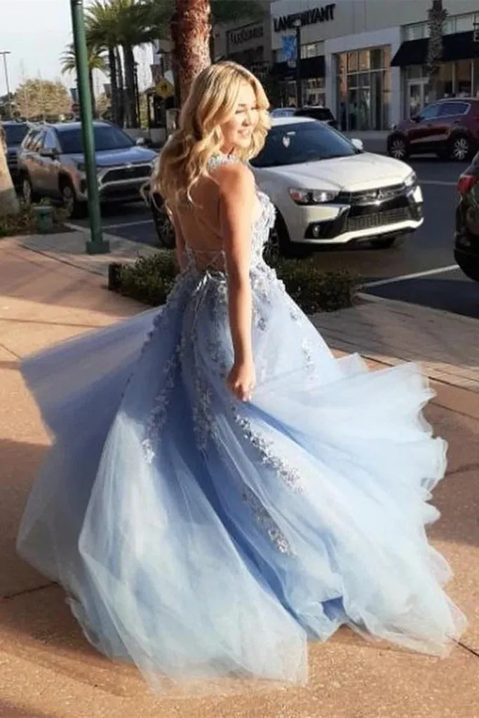 Sky Blue A Line Elegant Backless Floral Lace Long Prom Dresses