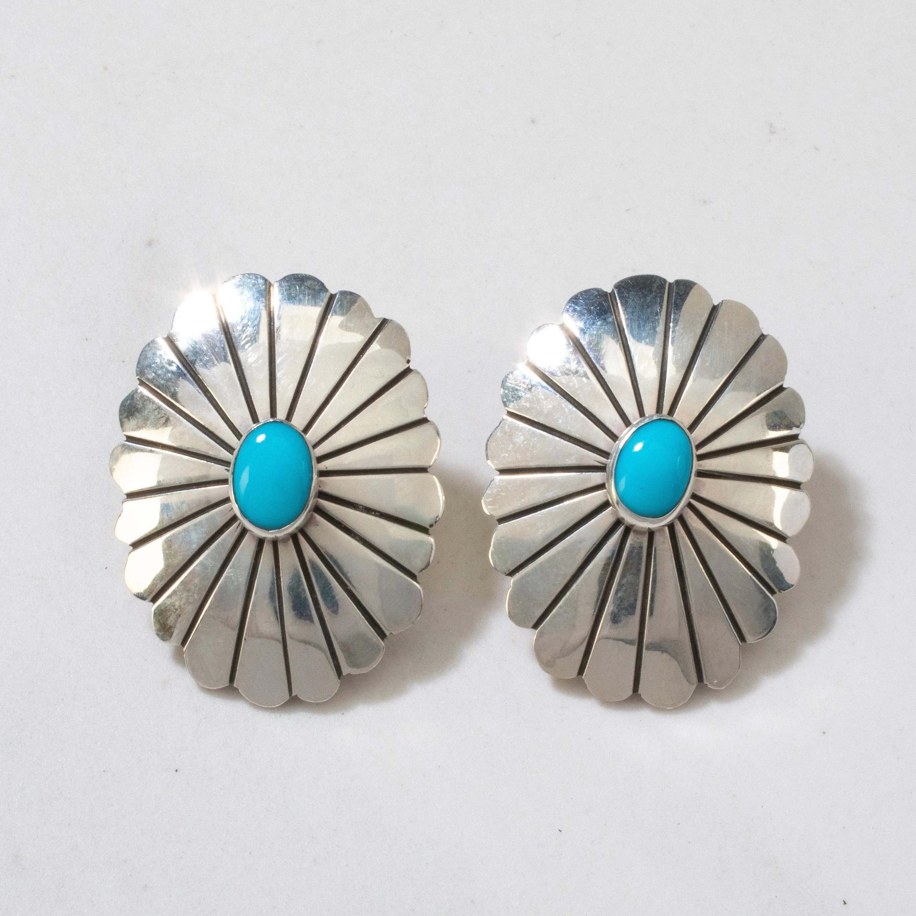 Sleeping Beauty Turquoise Flower Navajo USA Native American Made 925 Sterling Silver Earrings with Clip On Backing