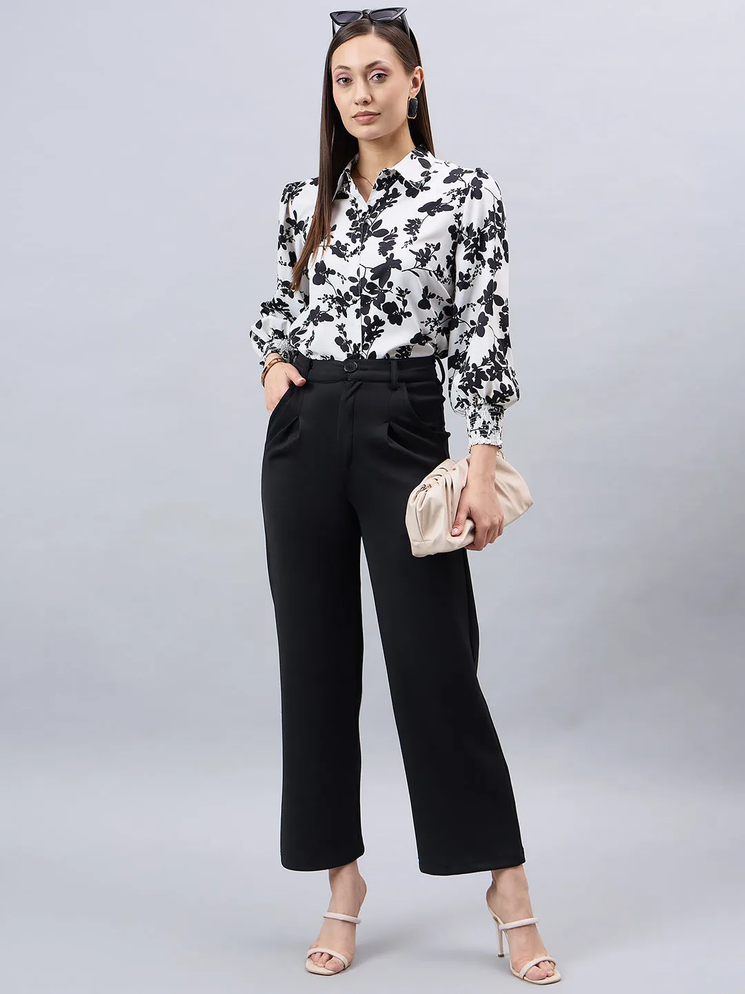 Style Quotient Women Black And White Floral Printed Polyester Regular Fit Smart Casual Shirt