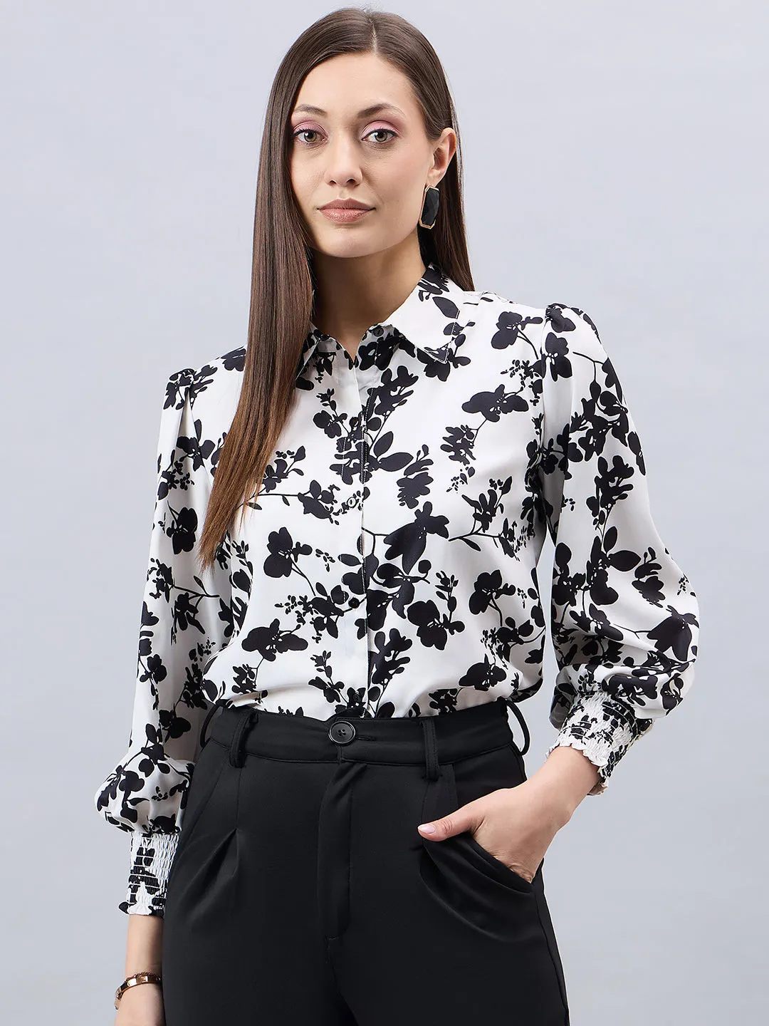 Style Quotient Women Black And White Floral Printed Polyester Regular Fit Smart Casual Shirt