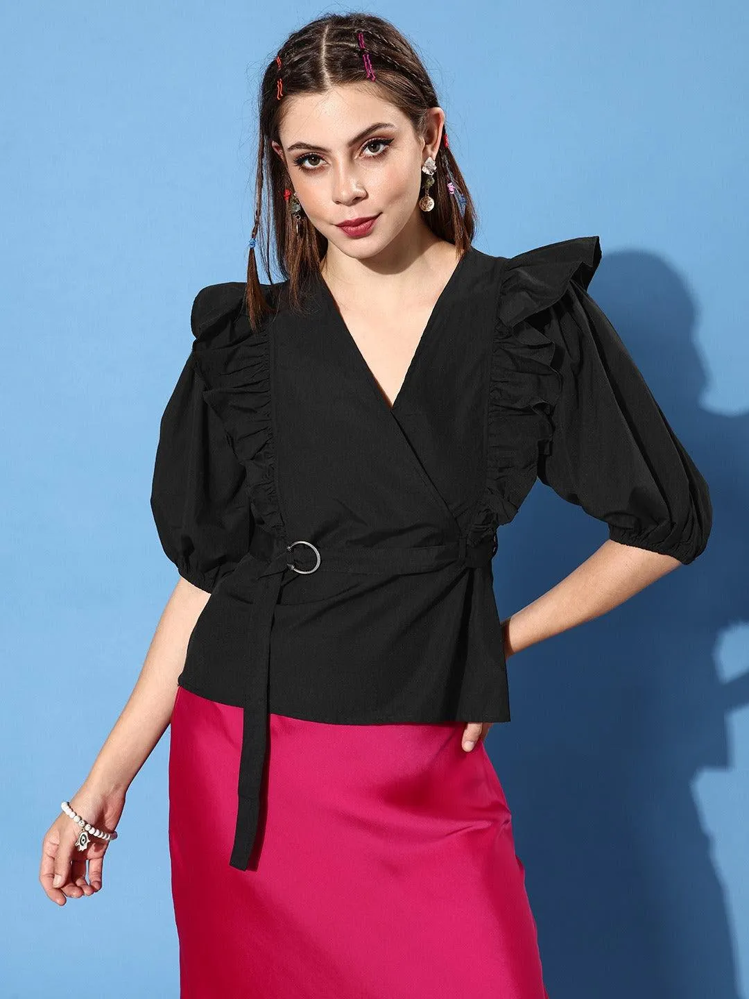 Style Quotient Women Black Ruffles Wrap Top