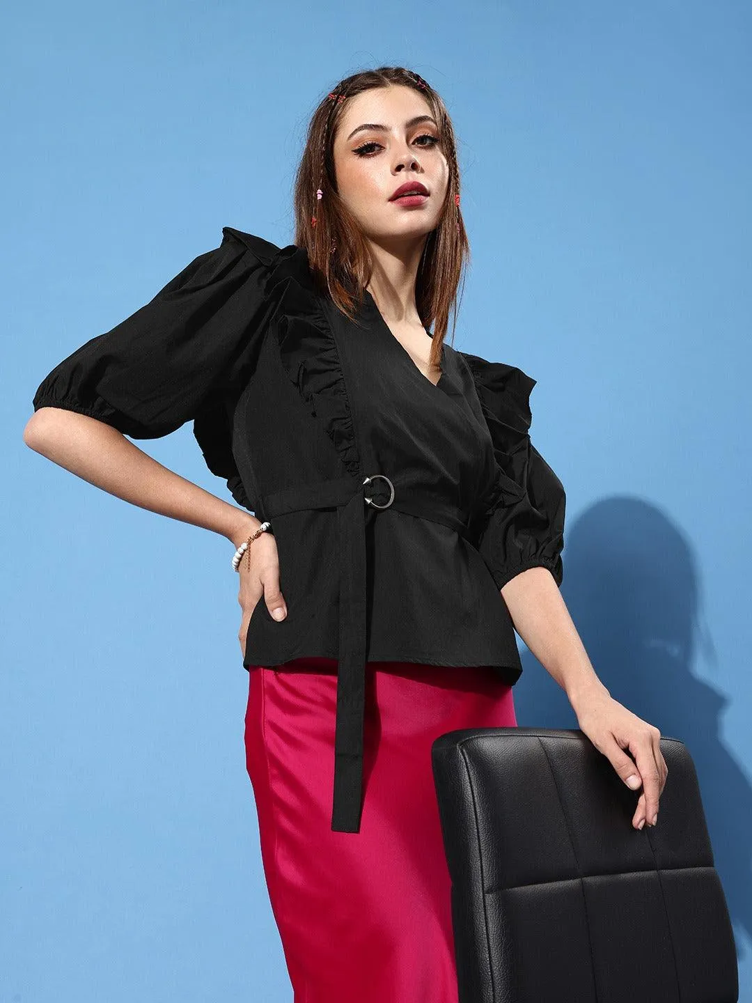 Style Quotient Women Black Ruffles Wrap Top