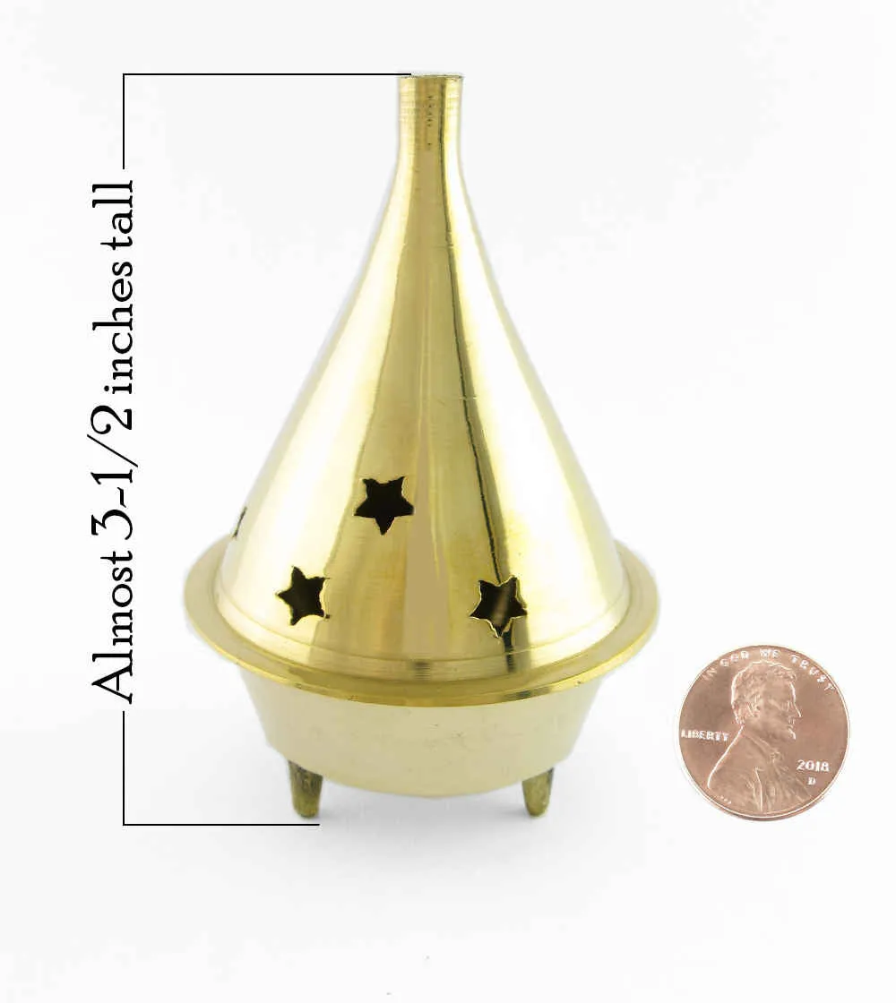 Tall Brass Cone Incense Burner With Cut-Out Stars