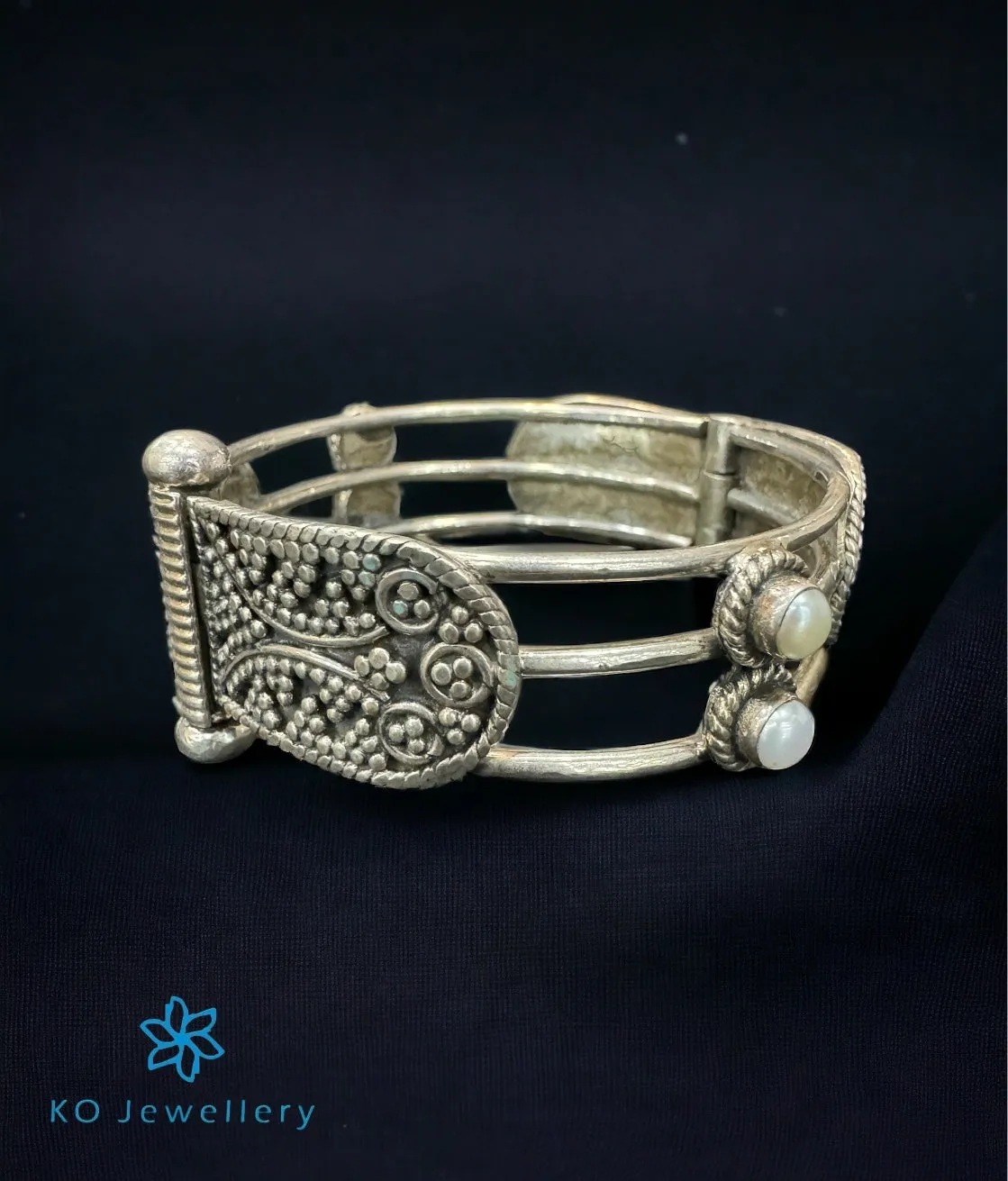 The Anandita Silver Pearl Kada Bracelet (3 Layer /Size 2.3)