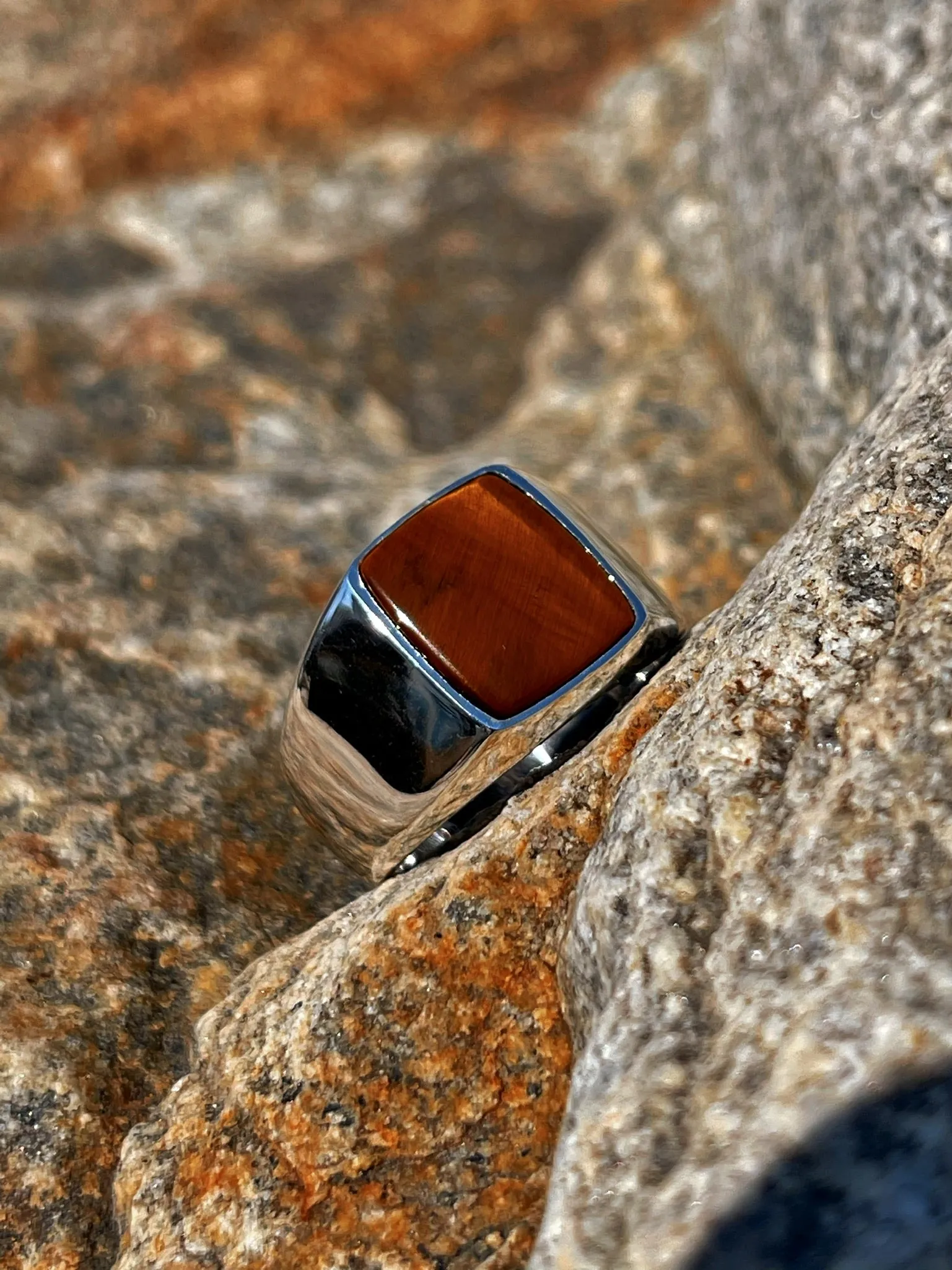 Tiger Eye Stone Simple Design Square Silver Men's Ring