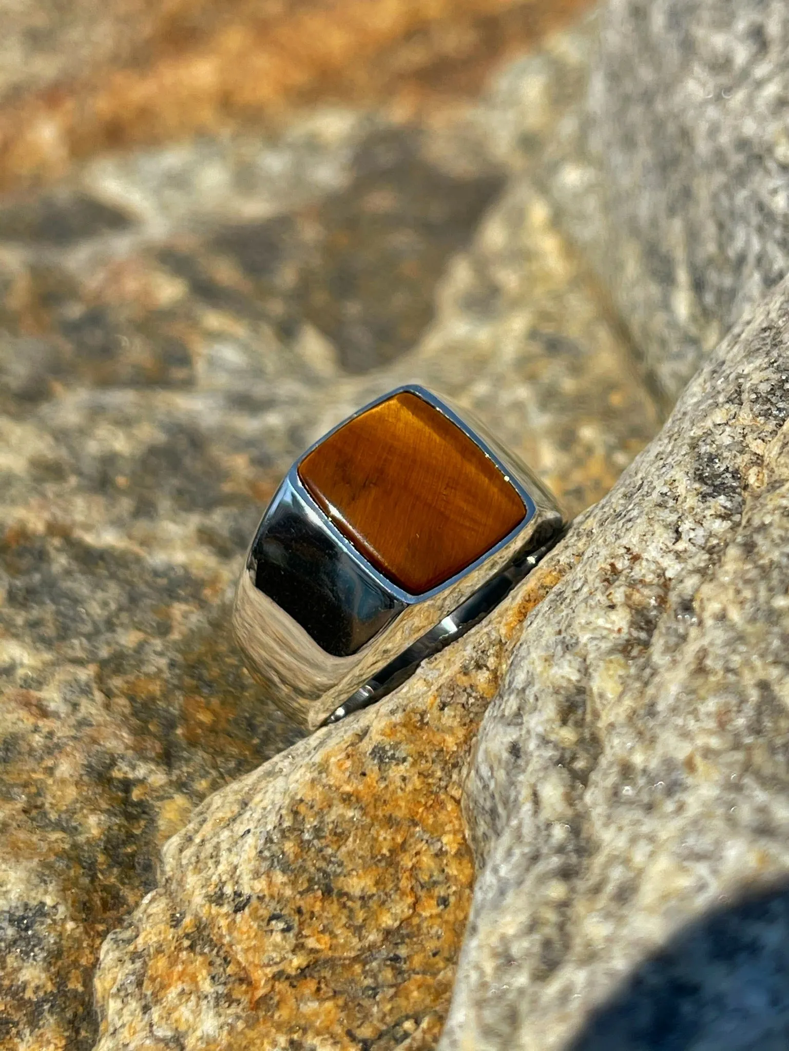 Tiger Eye Stone Simple Design Square Silver Men's Ring