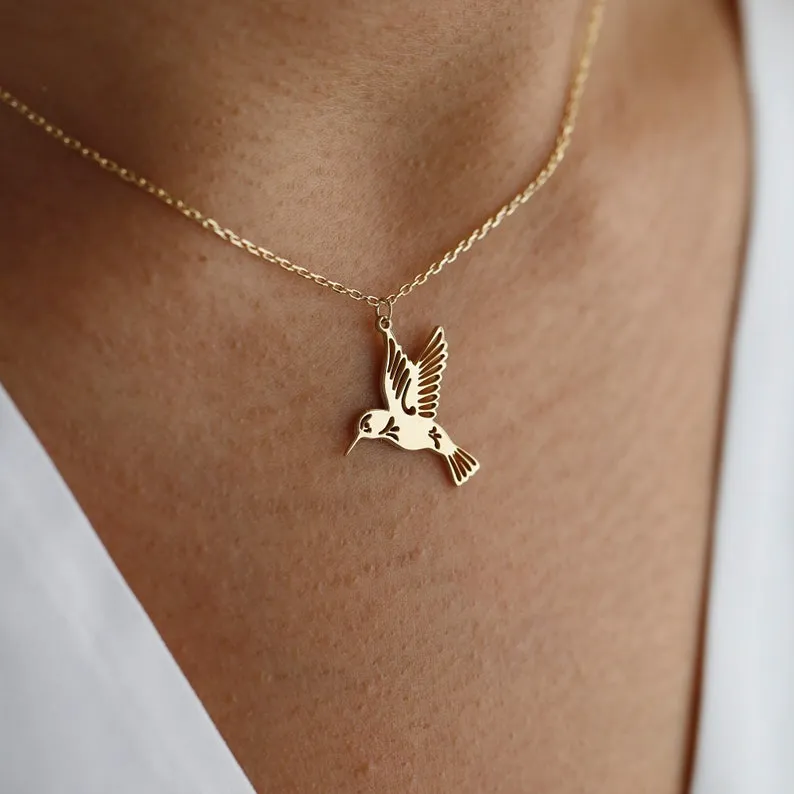 Tiny Hummingbird Necklace 14K Solid Gold Hummingbird Pendant Hummingbird Charm Gift for Her