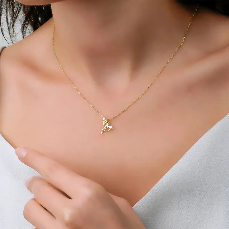 Tiny Hummingbird Necklace 14K Solid Gold Hummingbird Pendant Hummingbird Charm Gift for Her