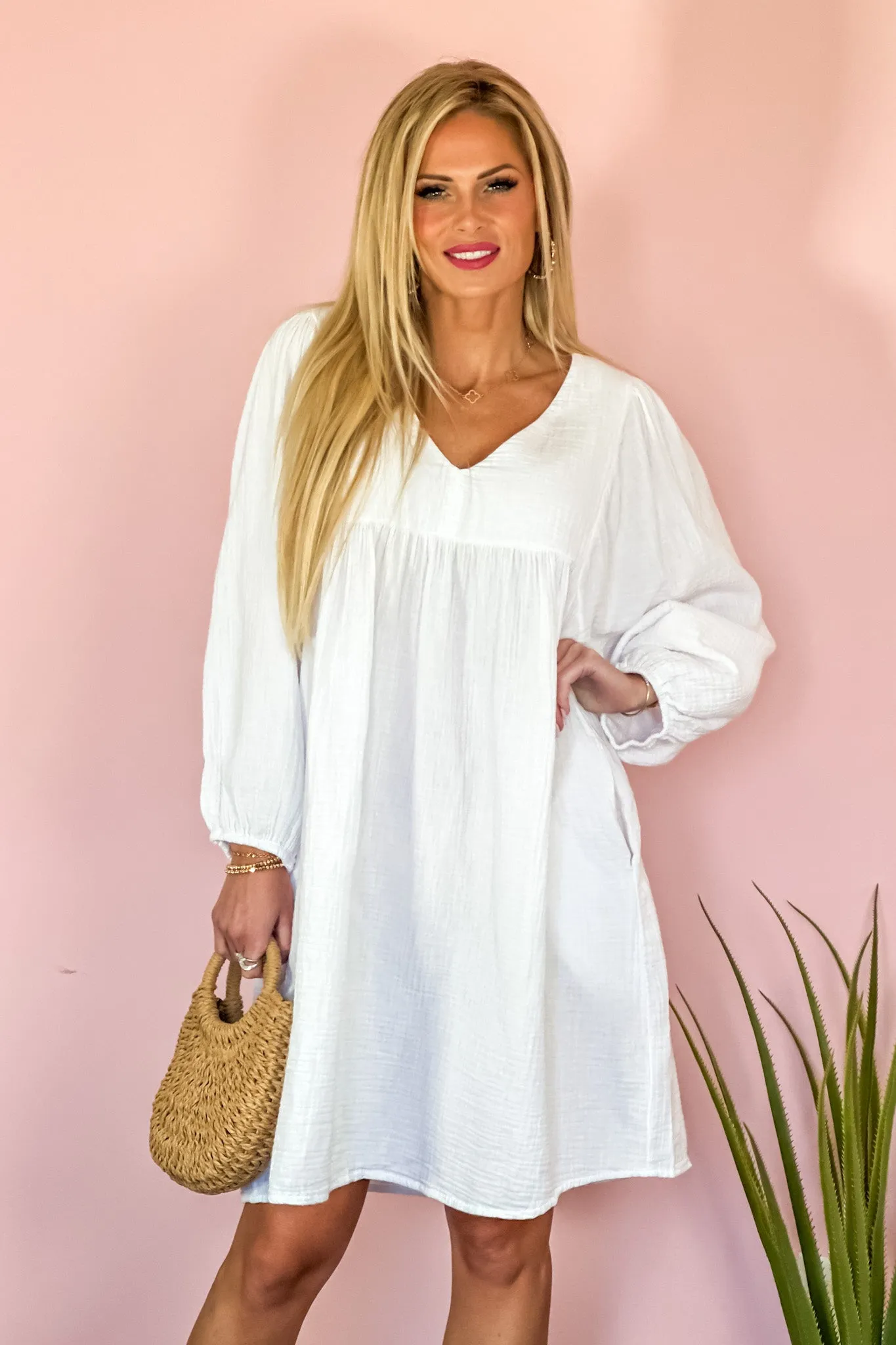 Tribal Missy Puff Sleeve Dress : White