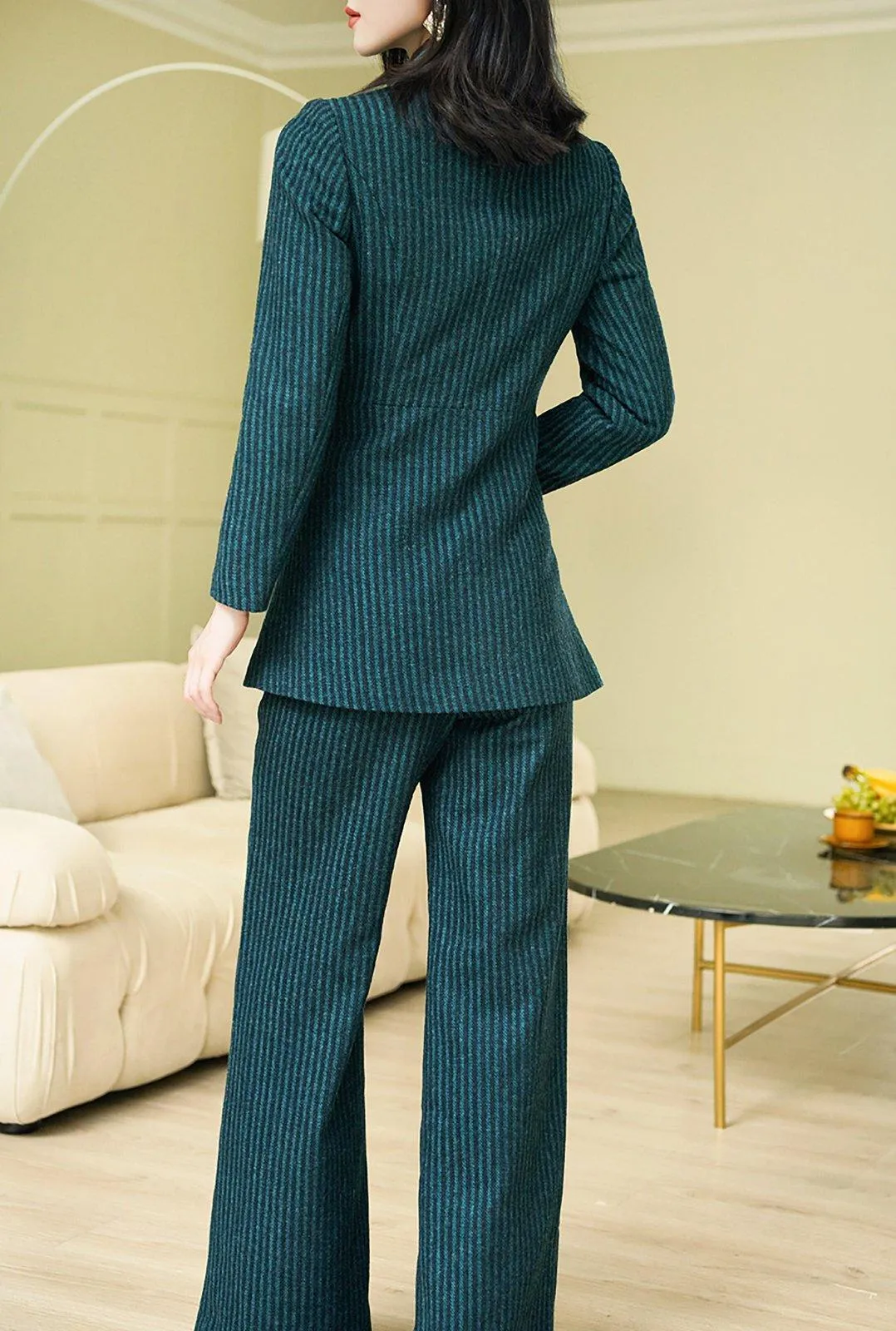 Two Tone Wool Blend Double Breasted Blazer & Flare Pants Set