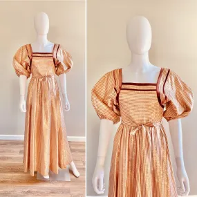 Vintage 1970s puff sleeve Gold and Rust Maxi Dress / 1970s does 1930s formal Albert Nipon dress Size XS