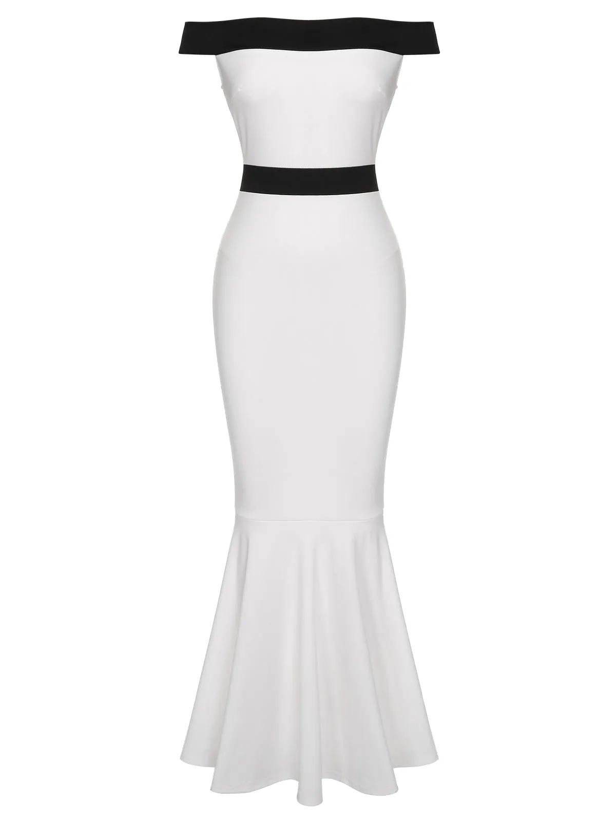 White 1930s Off-Shoulder Fishtail Dress