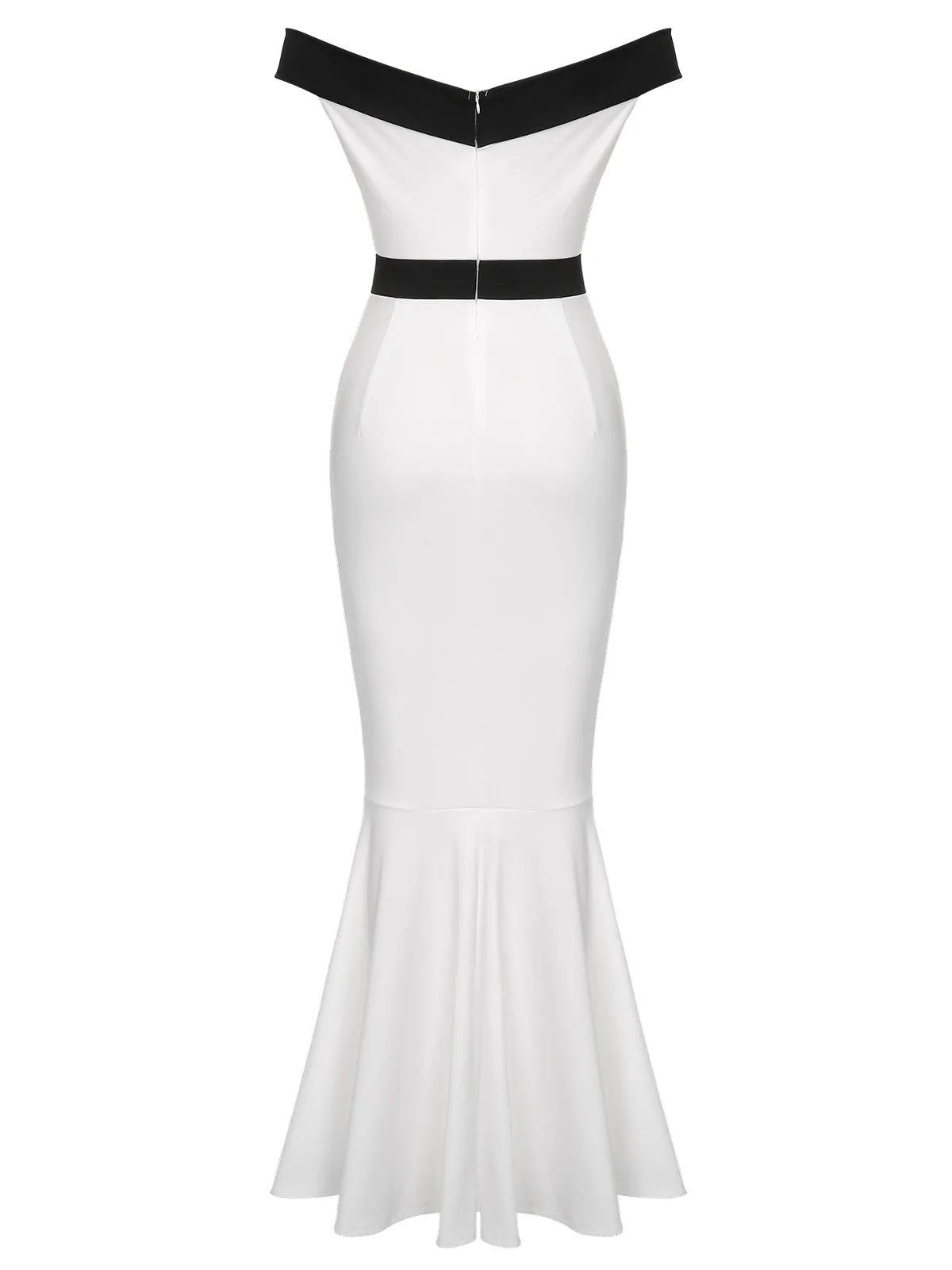 White 1930s Off-Shoulder Fishtail Dress